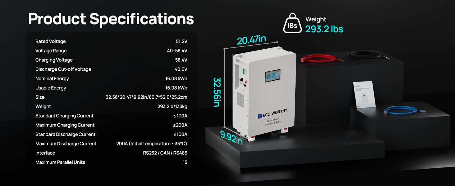 ECO-WORTHY 48V 314Ah (V1) LiFePO4 Lithium Battery, 16.1kWh High Capacity Energy Storage with Breakers RS485/CAN/RS232 for home