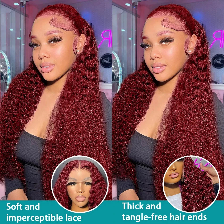 300 Density Deep Wave 99J Burgundy 13x6 Hd 100% Human Hair Lace Frontal Wigs 13x4 Brazilian Curly 30 34Inch Color Lace Front Wig