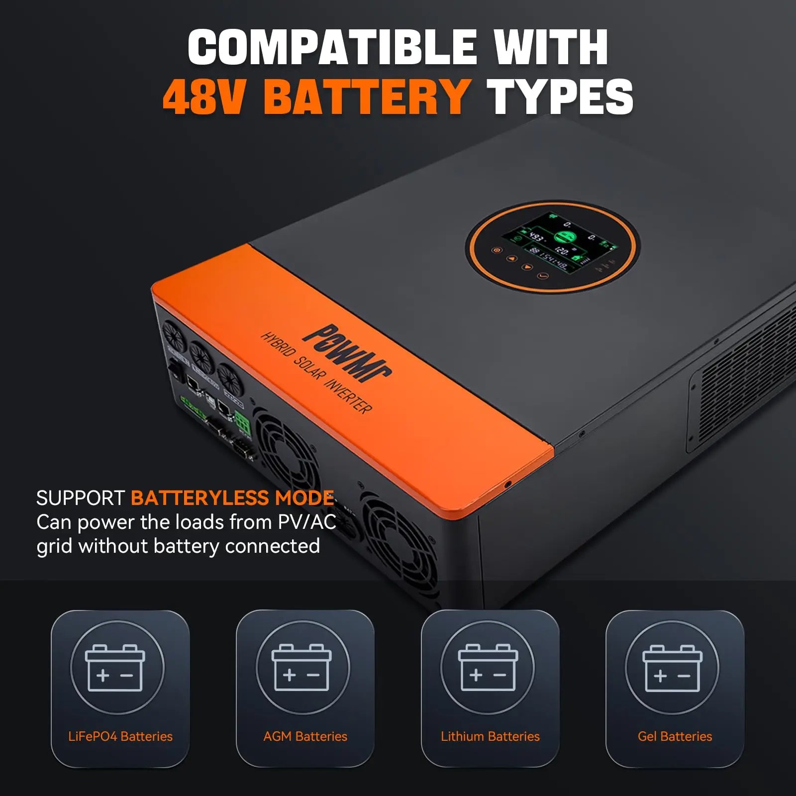 PowMr USA 5000W 48V Hybrid Solar Inverters 110Vac Can Split Phase 220Vac Output When Parallel Pure Sine Wave MPPT 100A PV 500Vdc