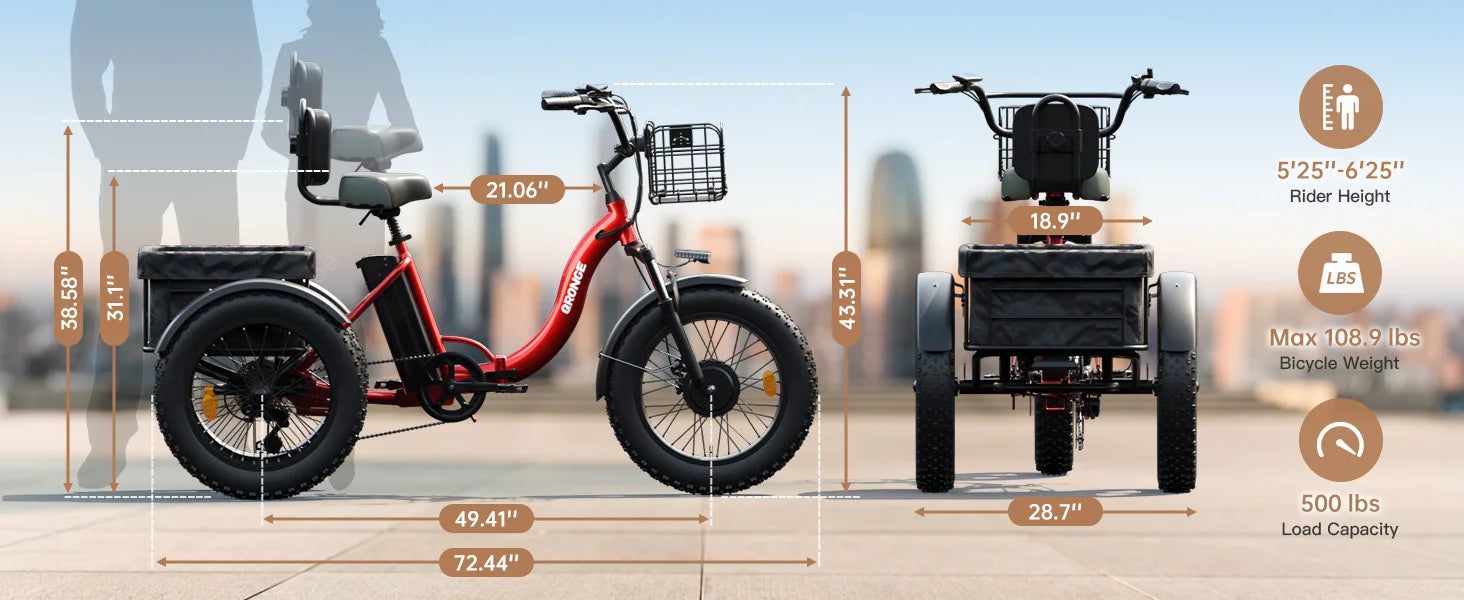 QRONGE Electric Bike for Adults 960W Peak 36V 13.5AH Battery Folding Electric Tricycle 50 Miles Range Fat Tire Electric Trike