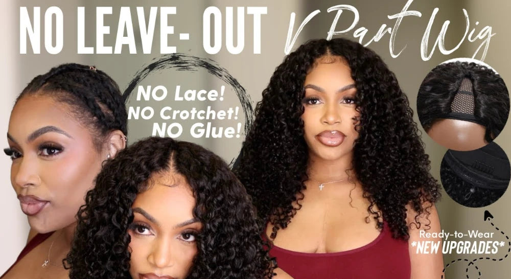 UNice Burmese Curly V Part Wig With Drawstring Clip-In Human Hair Wigs 180% Density No Glue Minimal Leave-out
