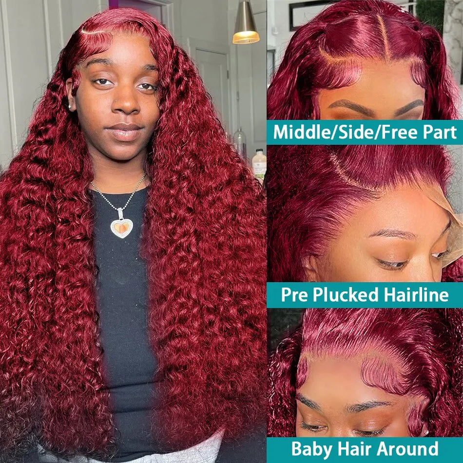 300 Density Deep Wave 99J Burgundy 13x6 Hd 100% Human Hair Lace Frontal Wigs 13x4 Brazilian Curly 30 34Inch Color Lace Front Wig