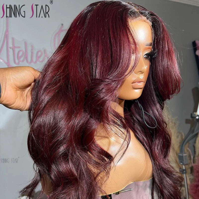 Burgundy Red Bone Straight Lace Front Human Hair Wigs Pre Plucked Colored 99J Red 13x6 Transparent Lace Frontal Wig Human Hair