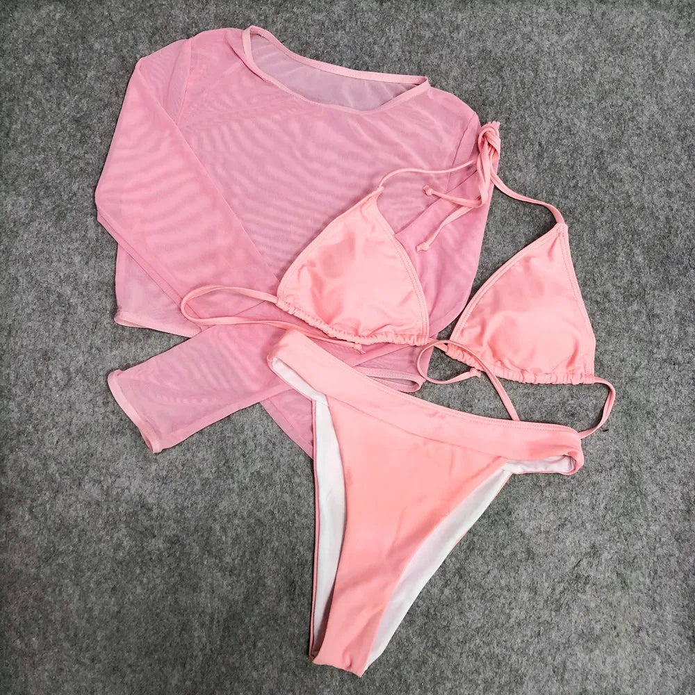 2024 Neon Yellow Crop Top Swimwear Women Summer Sexy Beachwear Mesh Long Sleeve Cover Ups Top Three Piece Swimsuit Bikini Set