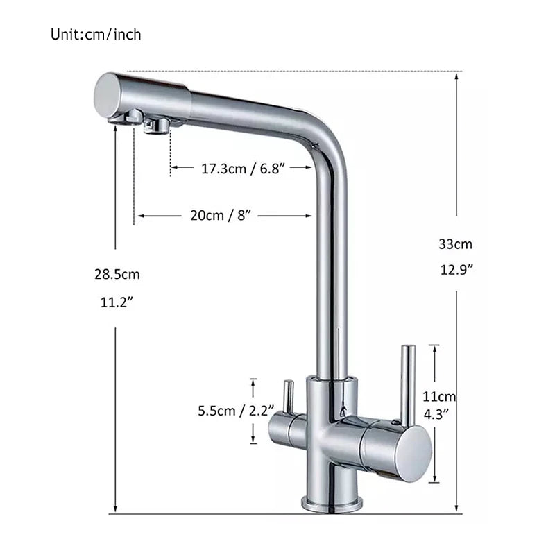 Chrome Kitchen Faucet Dual Swivel Spout Drinking Water Filter Brass Purifier Vessel Sink Mixer Tap Hot and Cold Water Torneira