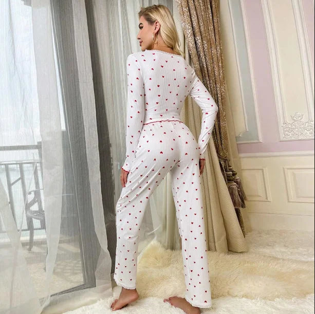 Women's V-neck Long Sleeve Elastic Waist Knitted Pajamas Set Spring Daily Life Two-Piece Sleepwear