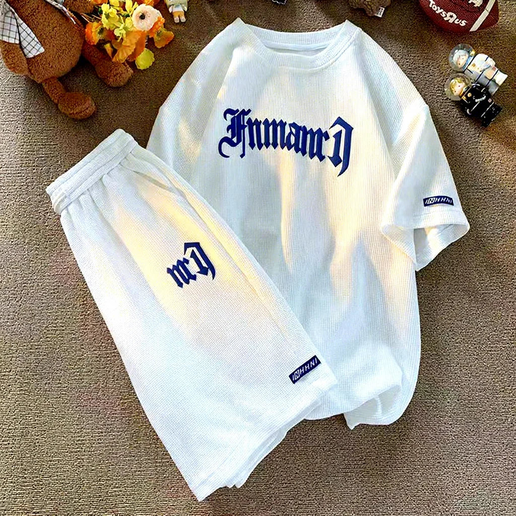 2024 Summer New Large Men's Sportswear Set Waffle Short Sleeve Shorts Versatile Loose Two Piece Set