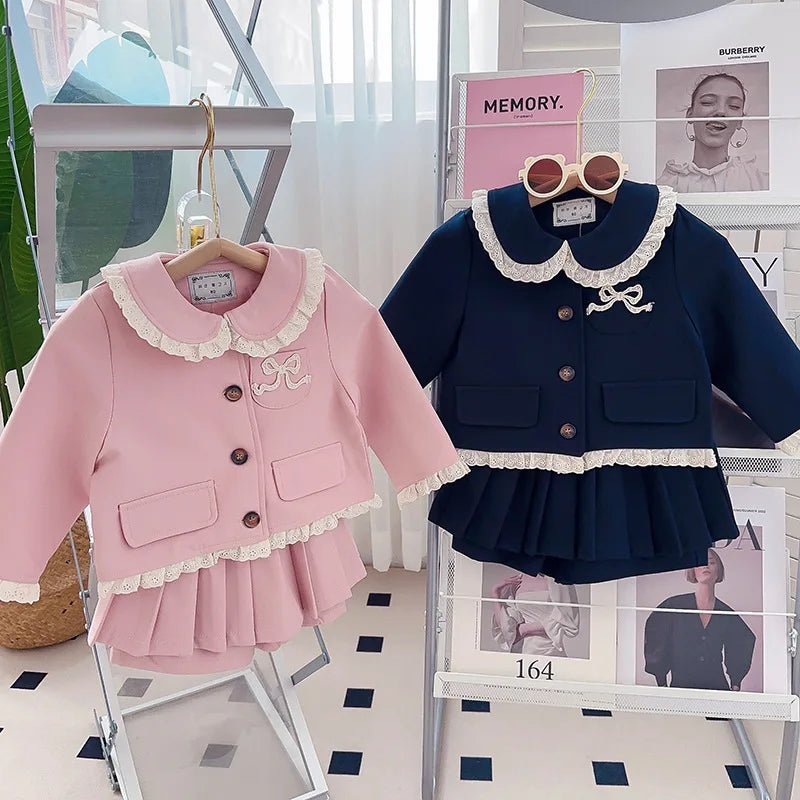 Girls Small Fragrant Wind Set Spring and Autumn New College Wind Small Fragrant Wind Top Pleated Skirt Two-piece Set