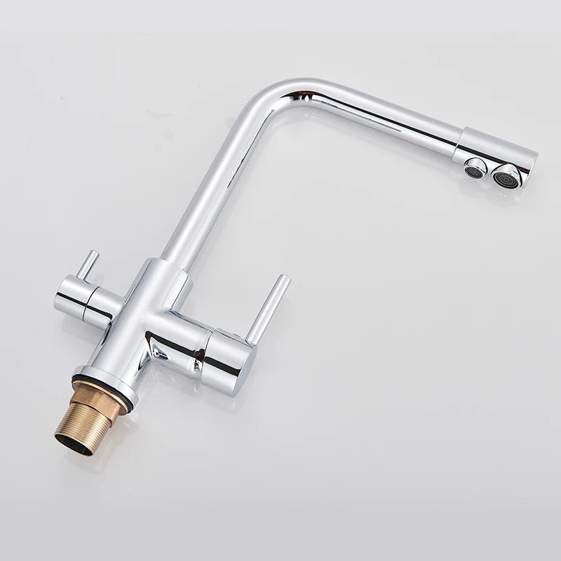 Chrome Kitchen Faucet Dual Swivel Spout Drinking Water Filter Brass Purifier Vessel Sink Mixer Tap Hot and Cold Water Torneira