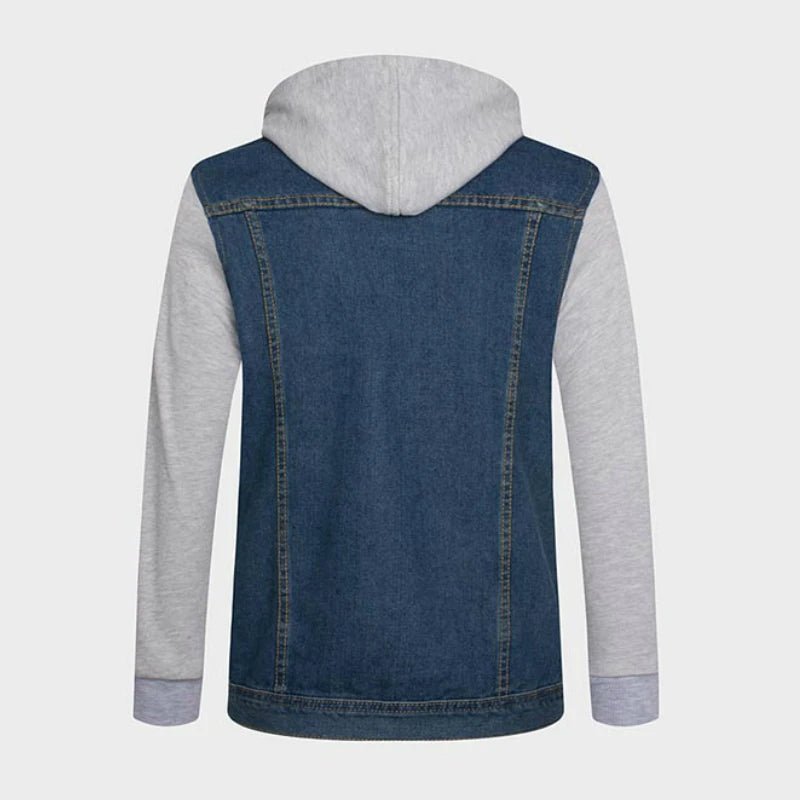 Denim Jacket Men Hooded Jeans Jackets Mens Fashion Patchwork Hoodies Casual Cowboy Mens Jacket Streetwear Mens Jackets and Coats