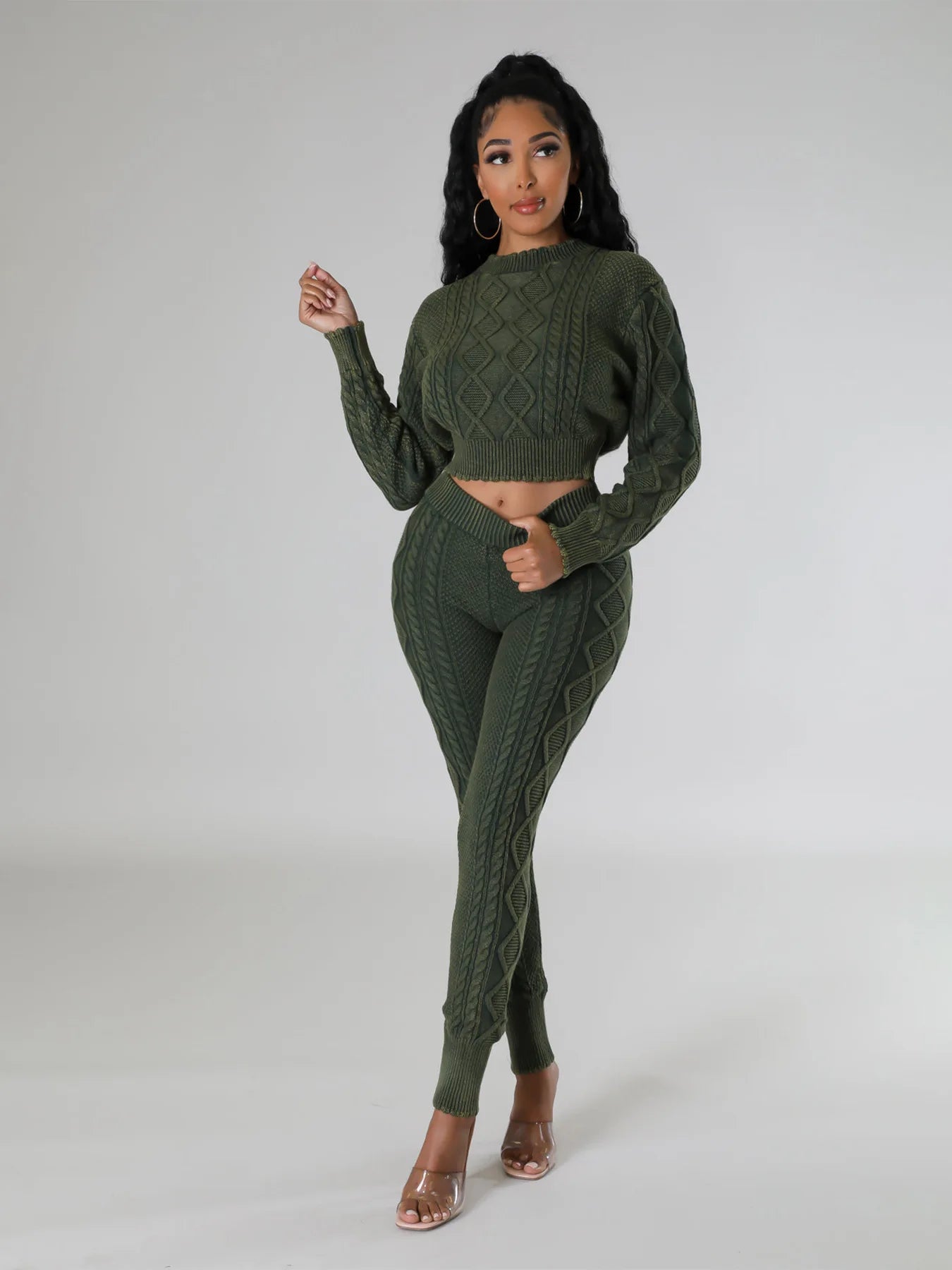 New Women's Casual Print Two-Piece Set Fall Autumn Knitting Sweater and Washed Pants for Winter