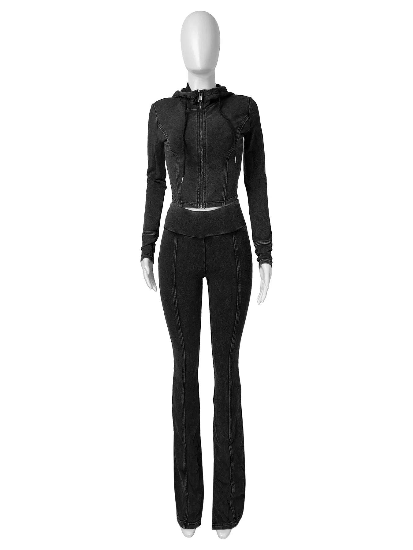 Top Quality Acid Wash Sweat Suit Tracksuit Zip up Hoodie Two Piece Flared Pants Suit Fall Winter 2 Piece Sets for Women