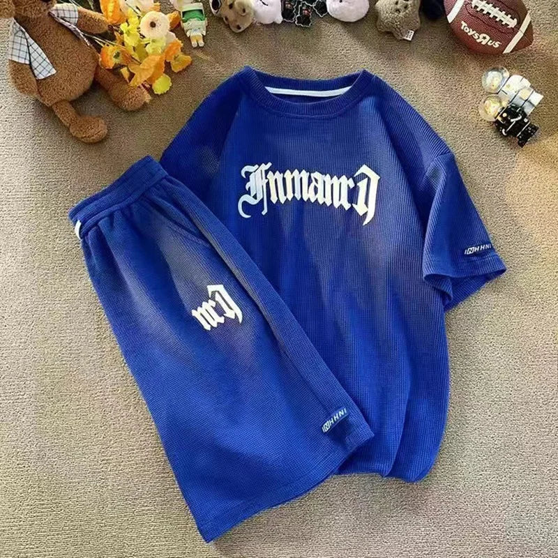 2024 Summer New Large Men's Sportswear Set Waffle Short Sleeve Shorts Versatile Loose Two Piece Set