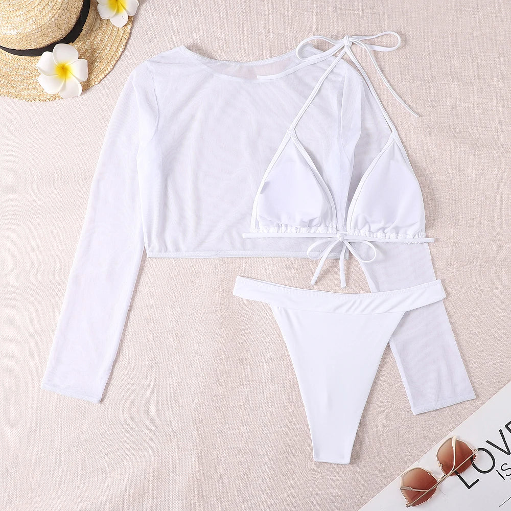 2024 Neon Yellow Crop Top Swimwear Women Summer Sexy Beachwear Mesh Long Sleeve Cover Ups Top Three Piece Swimsuit Bikini Set