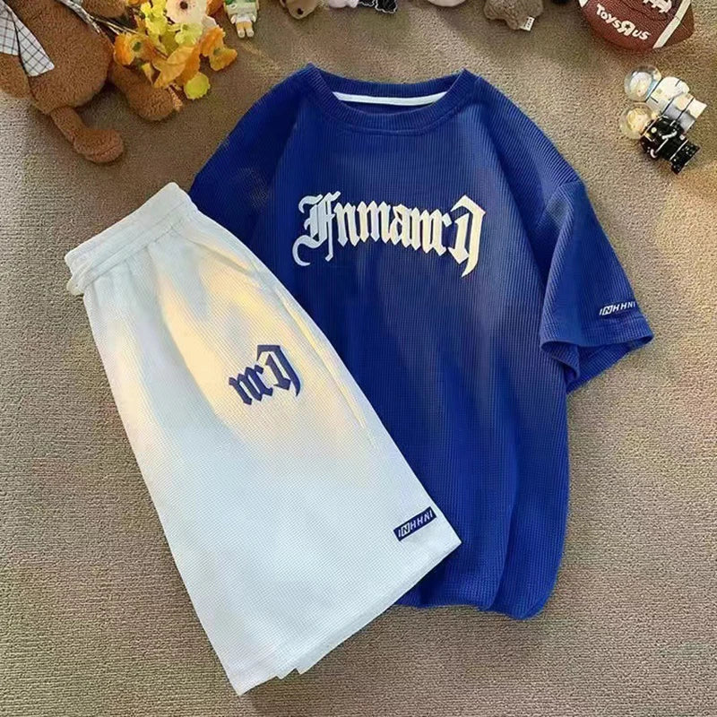 2024 Summer New Large Men's Sportswear Set Waffle Short Sleeve Shorts Versatile Loose Two Piece Set