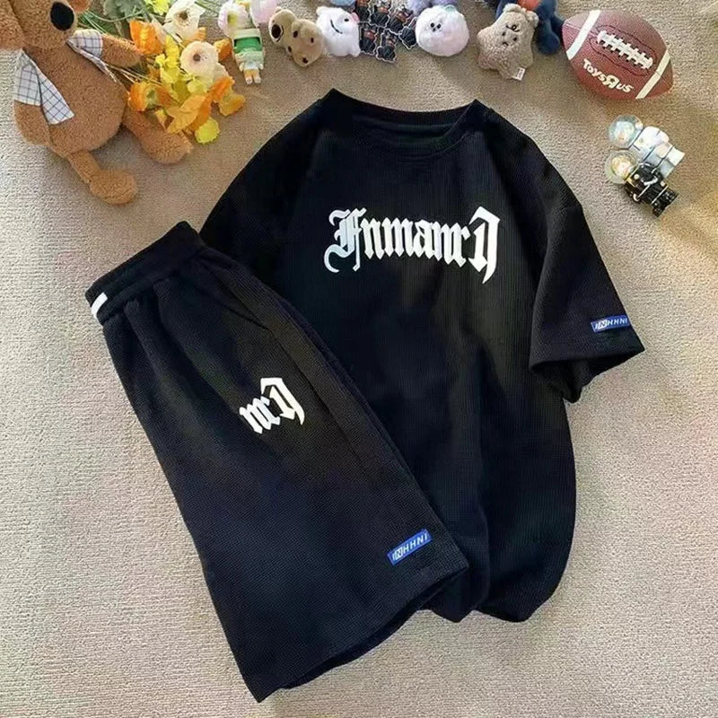 2024 Summer New Large Men's Sportswear Set Waffle Short Sleeve Shorts Versatile Loose Two Piece Set
