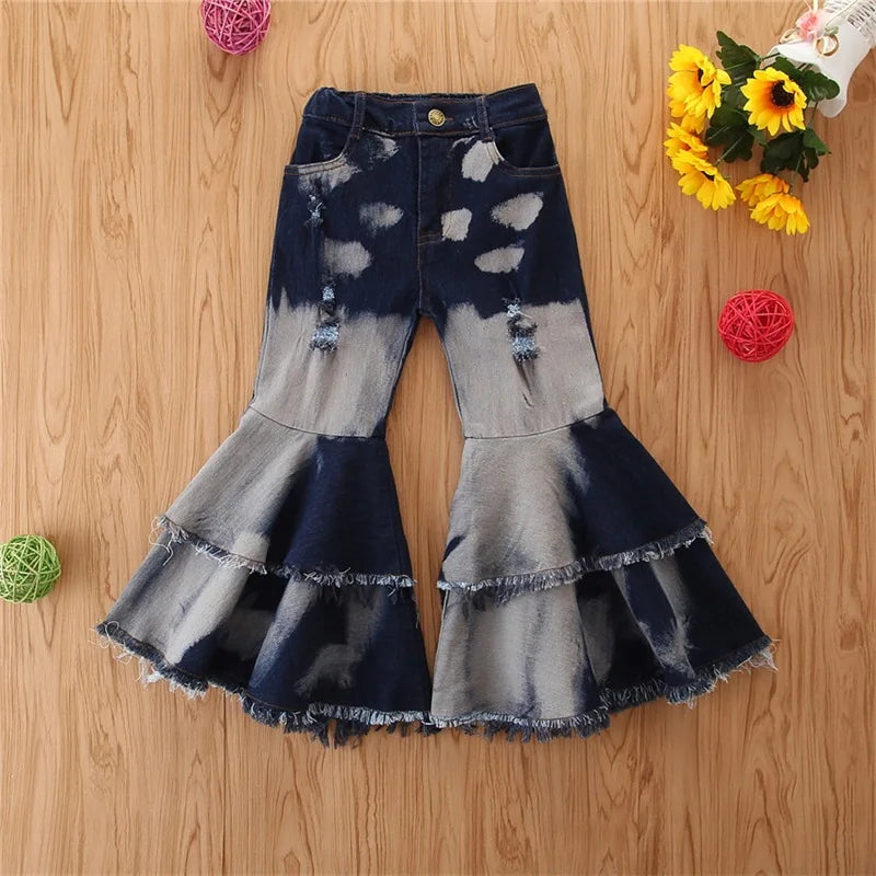 Fashion Children's Wear Spring Fall Kids Girl's Jeans Double Deck Bell Bottoms Tassels New Born Baby Cloth Flare Pants