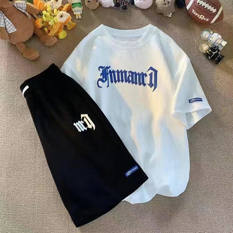 2024 Summer New Large Men's Sportswear Set Waffle Short Sleeve Shorts Versatile Loose Two Piece Set