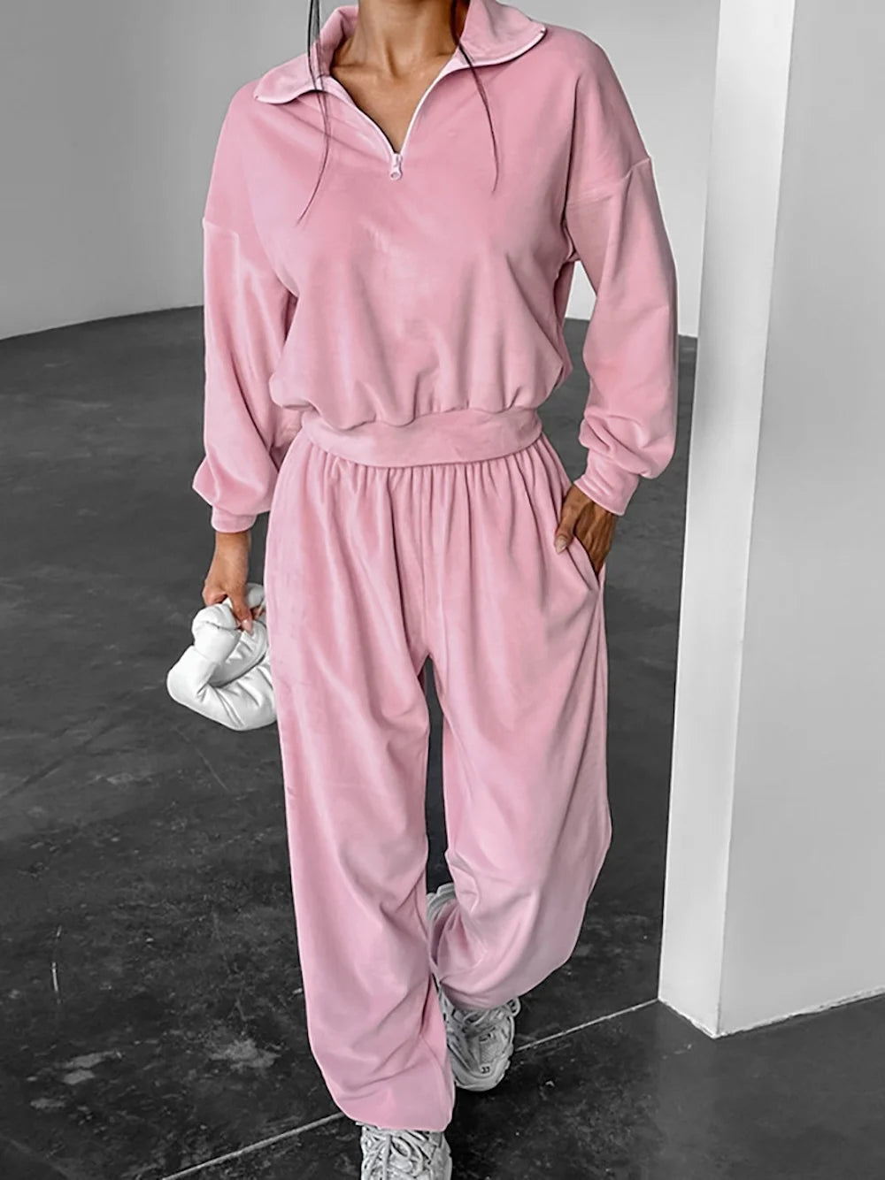 Enyami Hoodie Suit Coat Trousers Two-piece Women's Wear Women Pink Velour Sweatshirt Insert Pockets Track Pants Velvet Joggers