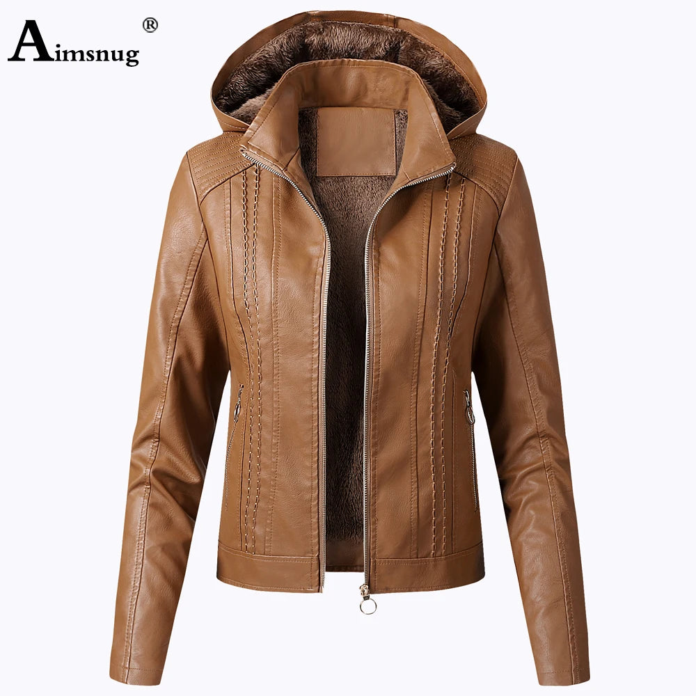 Women Faux Pu Leather Jackets 2021 Autumn Winter Hooded Outerwear Pockets Zipper Coat Slim Biker Jacket Blue Hoodies Plus Velvet