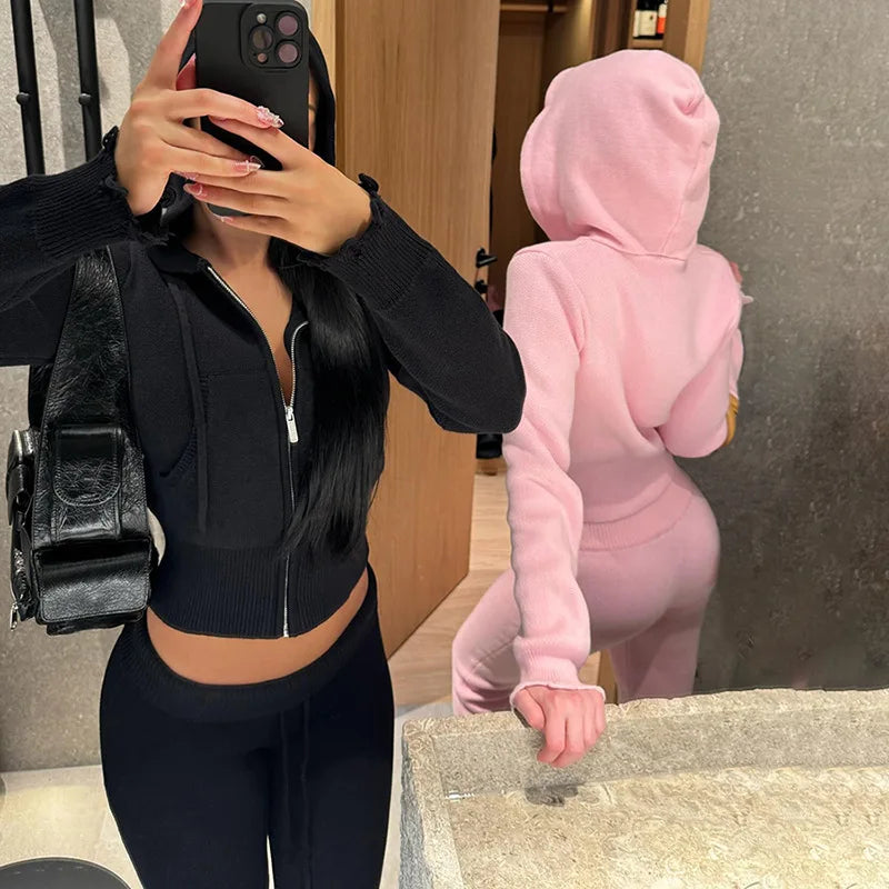 Women Autumn Cropped Hoodie Sweatpants Two Piece Set Street Casual Solid Color Sweatsuit Woven Breathable Short Top for Women
