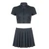 Women'S Summer Knit Solid Color Lapel Short-Sleeved Zipper Coat High-Waisted Pleated Skirt Fashion Sports Casual Two-Piece Set