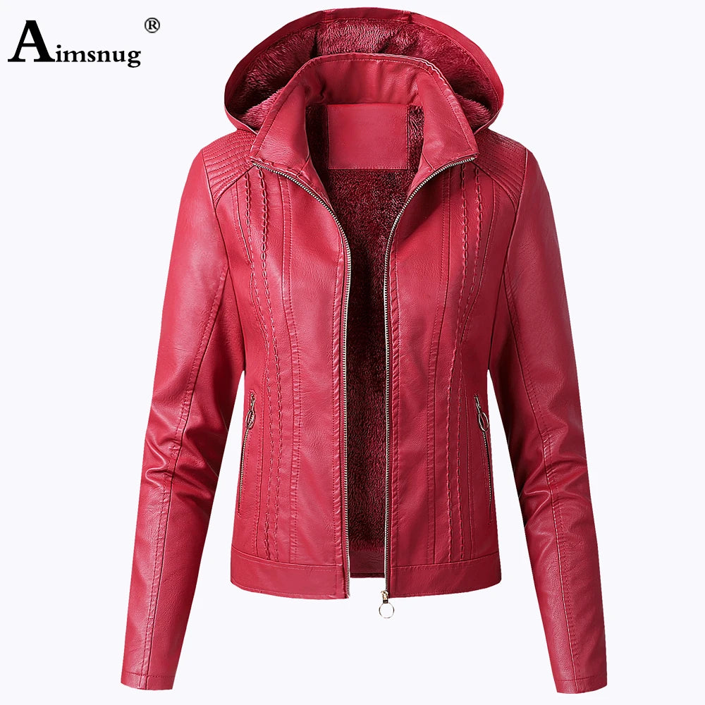 Women Faux Pu Leather Jackets 2021 Autumn Winter Hooded Outerwear Pockets Zipper Coat Slim Biker Jacket Blue Hoodies Plus Velvet