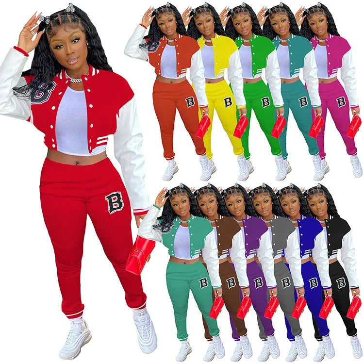 Casual Two-Piece Baseball Uniform Woolen Sports Suit with Short Tops Solid Winter Design One Set Nonwoven Women's