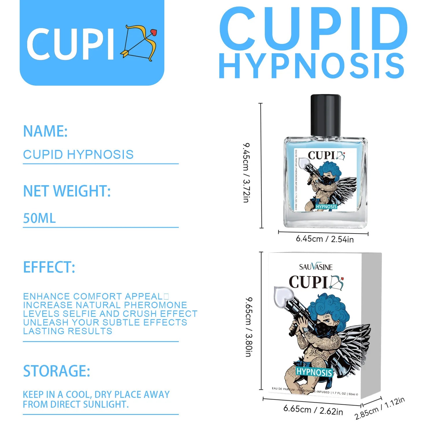 Cupid 50ml Portable Blue Phero Cologne for Men Elegant Body Spray with Comfortable Long-Lasting Fragrance