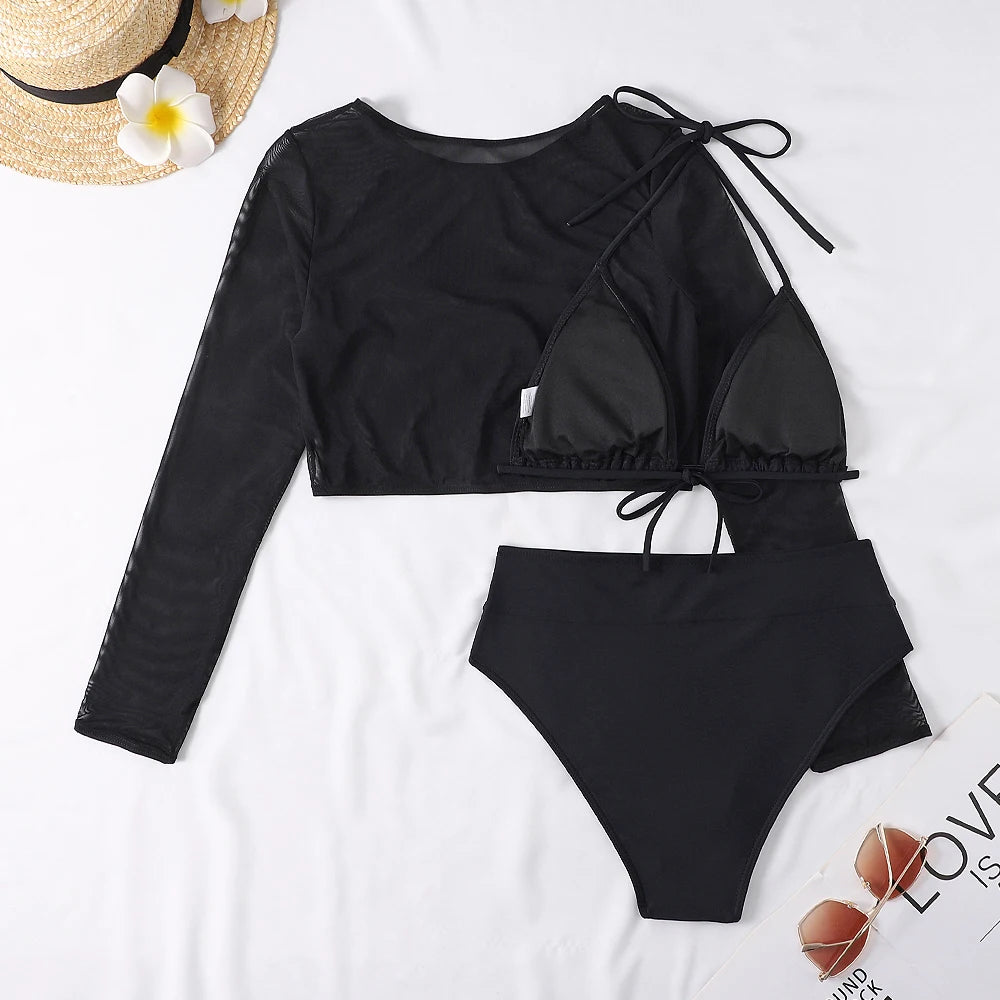 2024 Neon Yellow Crop Top Swimwear Women Summer Sexy Beachwear Mesh Long Sleeve Cover Ups Top Three Piece Swimsuit Bikini Set