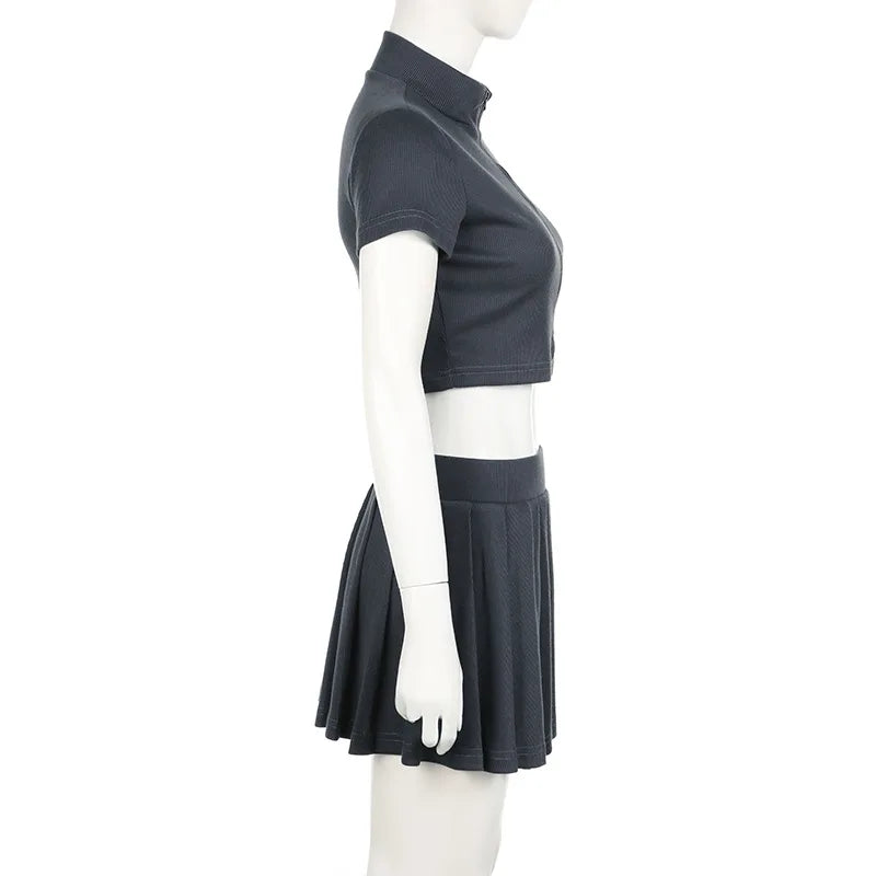 Women'S Summer Knit Solid Color Lapel Short-Sleeved Zipper Coat High-Waisted Pleated Skirt Fashion Sports Casual Two-Piece Set