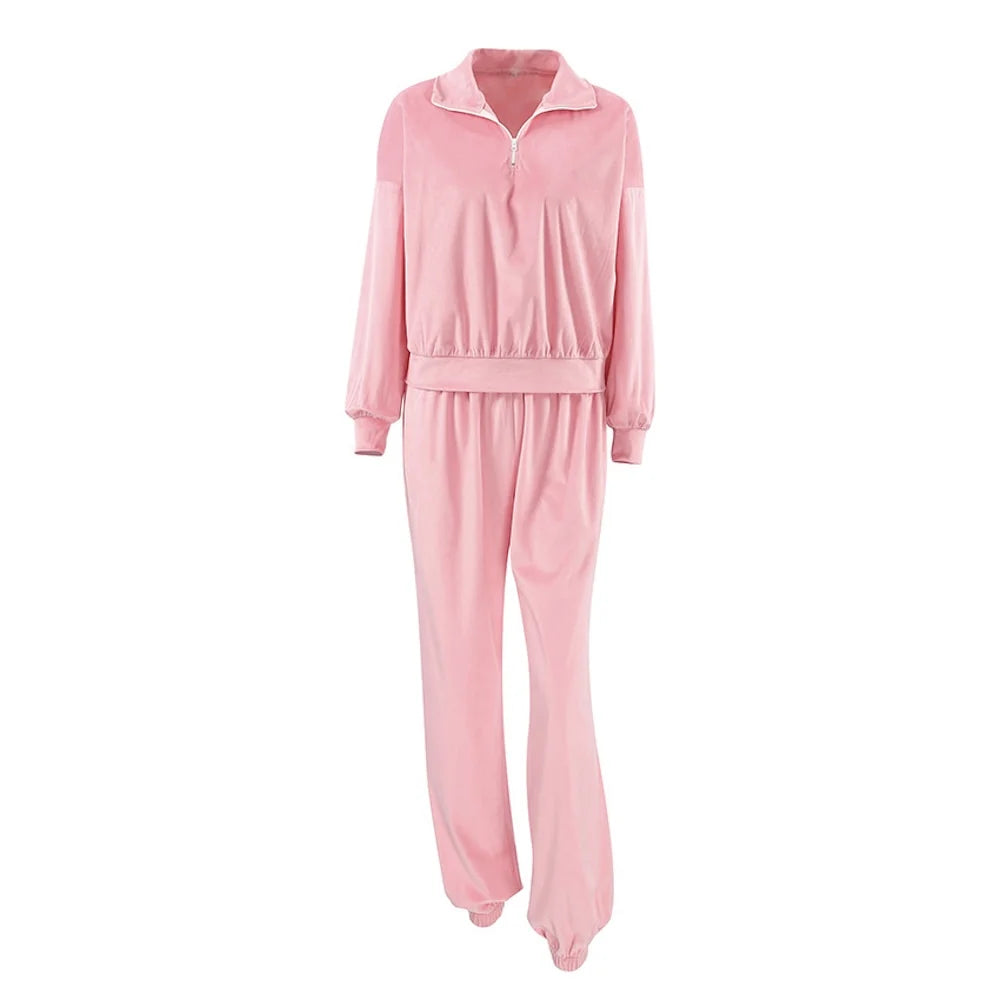 Enyami Hoodie Suit Coat Trousers Two-piece Women's Wear Women Pink Velour Sweatshirt Insert Pockets Track Pants Velvet Joggers