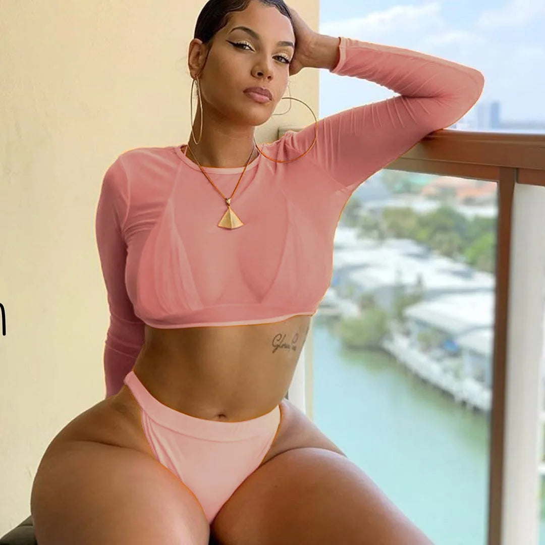 2024 Neon Yellow Crop Top Swimwear Women Summer Sexy Beachwear Mesh Long Sleeve Cover Ups Top Three Piece Swimsuit Bikini Set