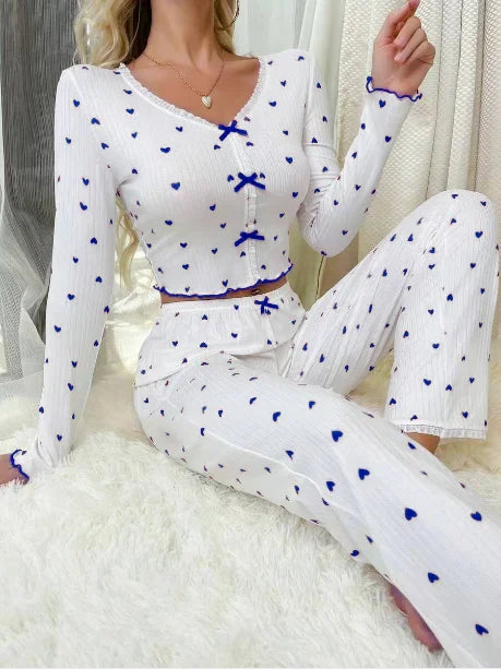 Women's V-neck Long Sleeve Elastic Waist Knitted Pajamas Set Spring Daily Life Two-Piece Sleepwear
