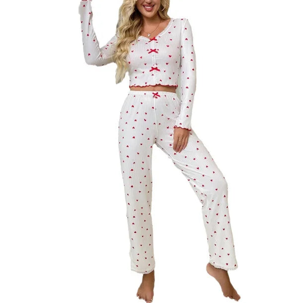 Women's V-neck Long Sleeve Elastic Waist Knitted Pajamas Set Spring Daily Life Two-Piece Sleepwear