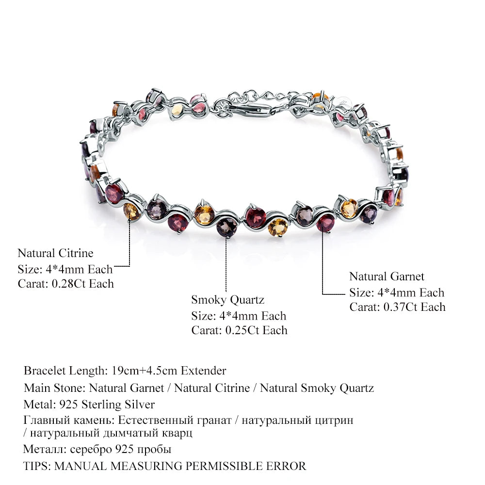 GEM'S BALLET Natural Garnet Citrine Smoky Quartz Tennis Bracelet 925 Sterling Silver Gemstone Bracelet Fine Jewelry For Women
