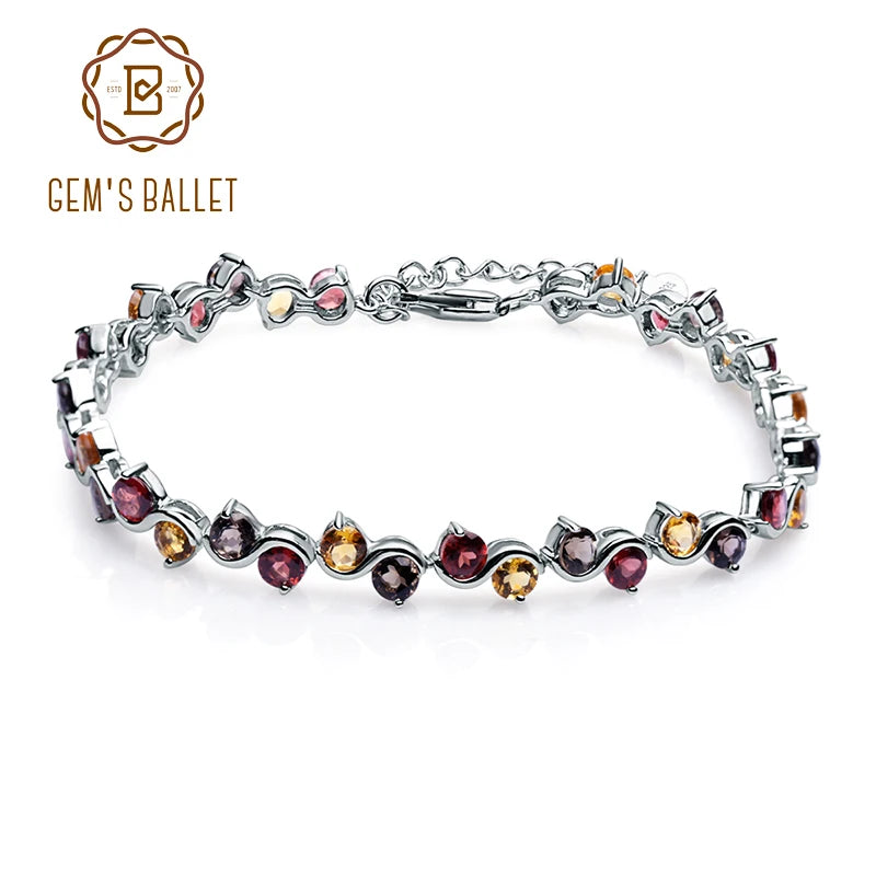 GEM'S BALLET Natural Garnet Citrine Smoky Quartz Tennis Bracelet 925 Sterling Silver Gemstone Bracelet Fine Jewelry For Women