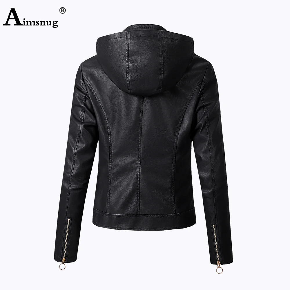 Women Faux Pu Leather Jackets 2021 Autumn Winter Hooded Outerwear Pockets Zipper Coat Slim Biker Jacket Blue Hoodies Plus Velvet