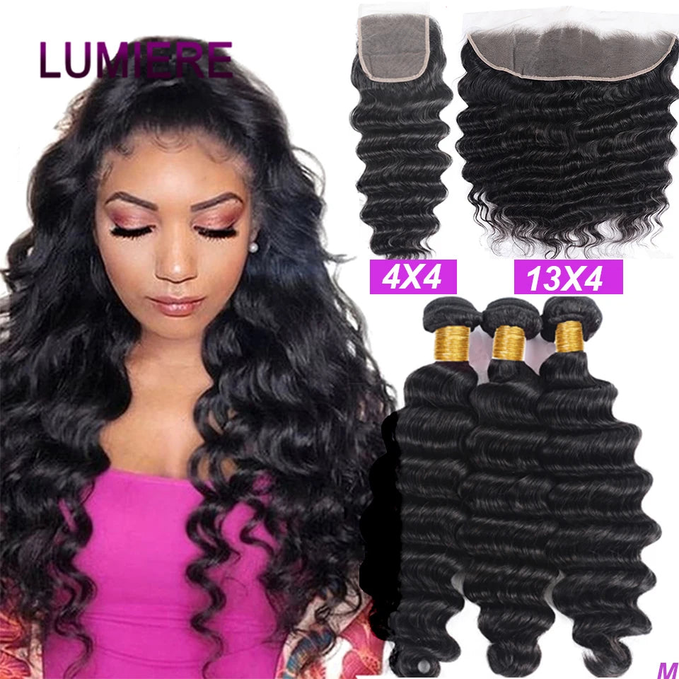 40" Loose Deep Wave Human Hair Bundle With Closure Frontal HD Transparent Lace Closure With Bundle Human Hair Weave Bundles Deal