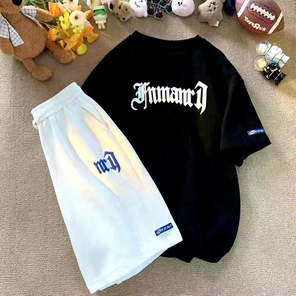 2024 Summer New Large Men's Sportswear Set Waffle Short Sleeve Shorts Versatile Loose Two Piece Set
