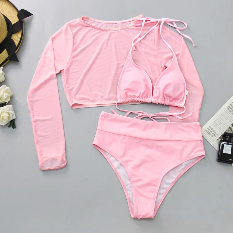 2024 Neon Yellow Crop Top Swimwear Women Summer Sexy Beachwear Mesh Long Sleeve Cover Ups Top Three Piece Swimsuit Bikini Set