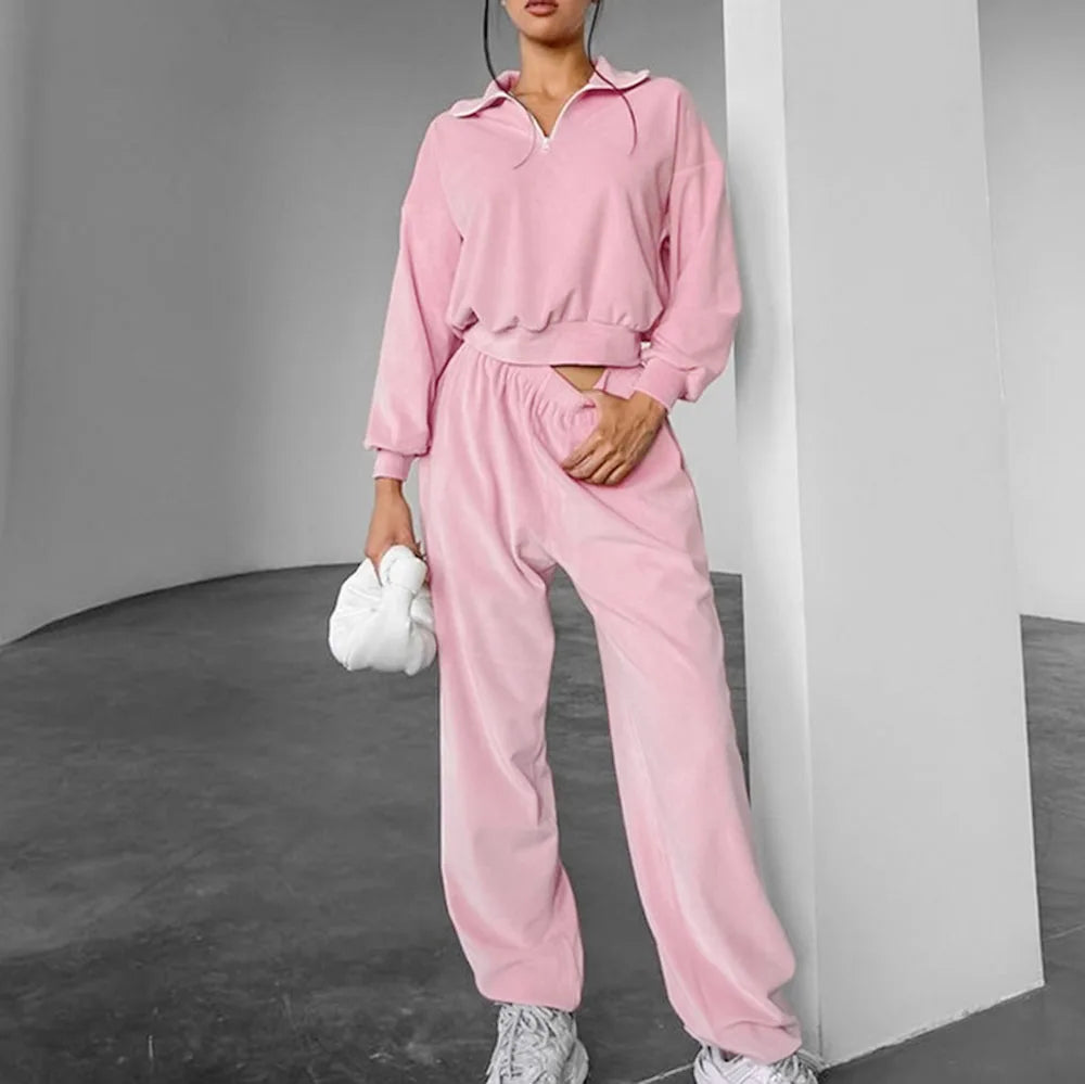 Enyami Hoodie Suit Coat Trousers Two-piece Women's Wear Women Pink Velour Sweatshirt Insert Pockets Track Pants Velvet Joggers