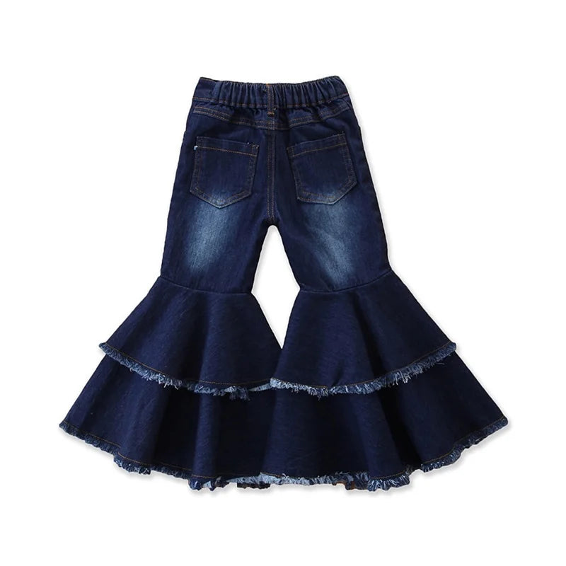 Fashion Children's Wear Spring Fall Kids Girl's Jeans Double Deck Bell Bottoms Tassels New Born Baby Cloth Flare Pants