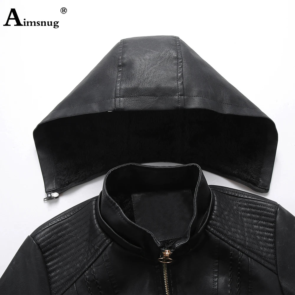 Women Faux Pu Leather Jackets 2021 Autumn Winter Hooded Outerwear Pockets Zipper Coat Slim Biker Jacket Blue Hoodies Plus Velvet
