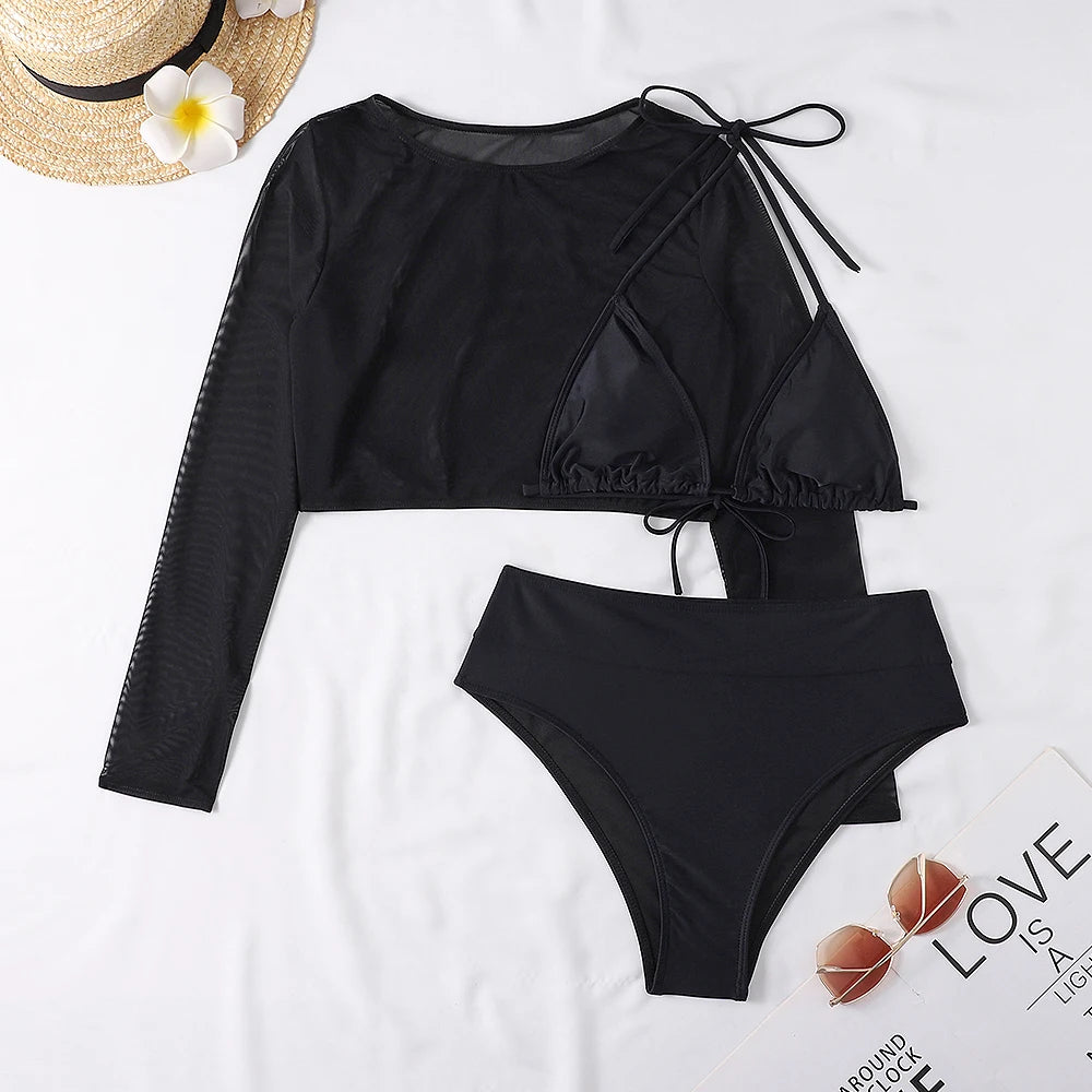 2024 Neon Yellow Crop Top Swimwear Women Summer Sexy Beachwear Mesh Long Sleeve Cover Ups Top Three Piece Swimsuit Bikini Set
