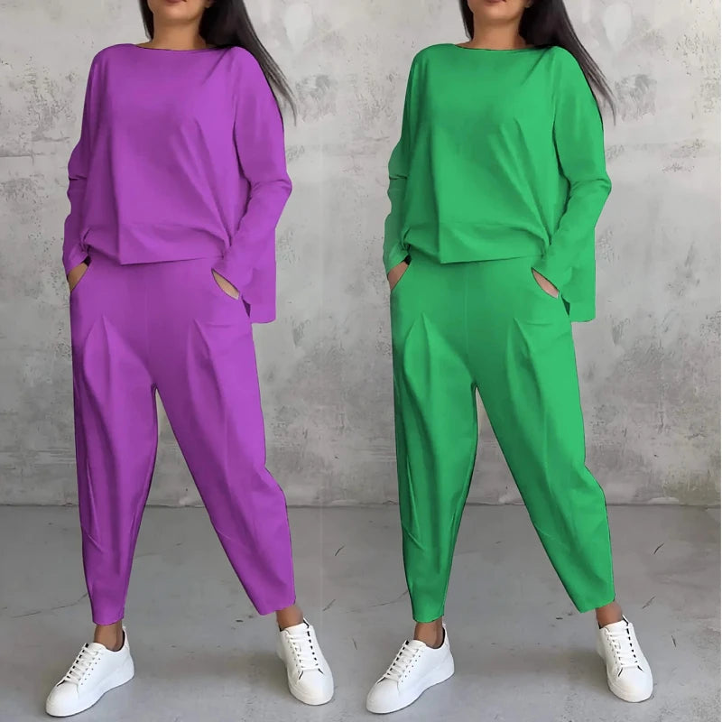 Plus Size Spring Fall Women's Clothing Ladies Solid Color O Neck Long Sleeve T Shirt Pocket Pants Casual Two Piece Women Set