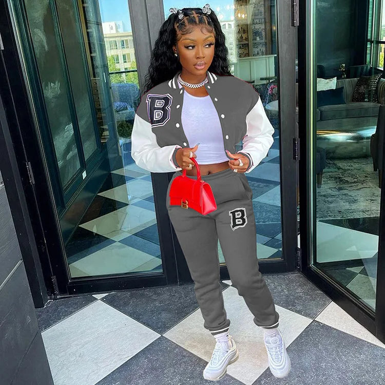 Casual Two-Piece Baseball Uniform Woolen Sports Suit with Short Tops Solid Winter Design One Set Nonwoven Women's
