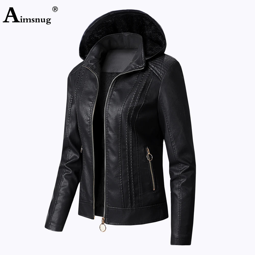 Women Faux Pu Leather Jackets 2021 Autumn Winter Hooded Outerwear Pockets Zipper Coat Slim Biker Jacket Blue Hoodies Plus Velvet