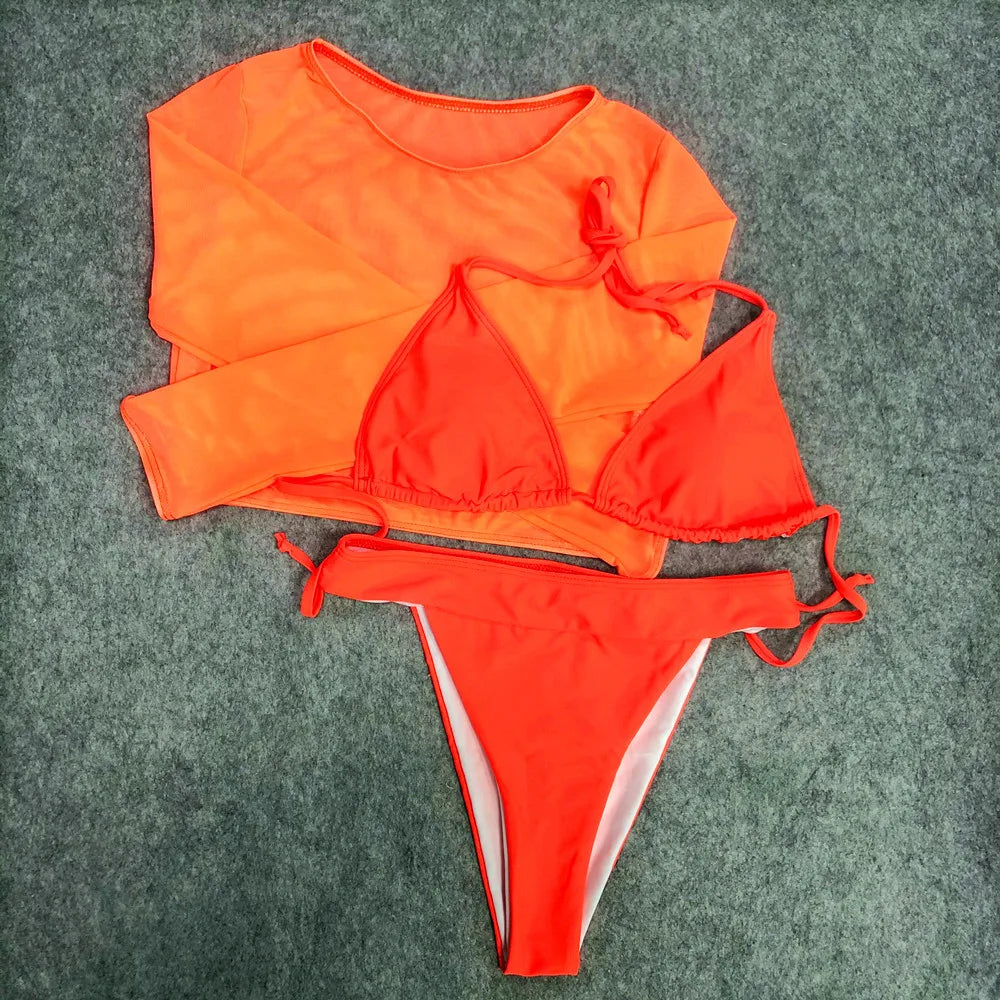 2024 Neon Yellow Crop Top Swimwear Women Summer Sexy Beachwear Mesh Long Sleeve Cover Ups Top Three Piece Swimsuit Bikini Set