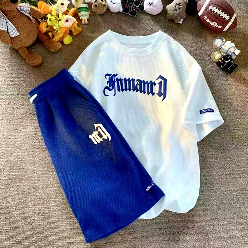2024 Summer New Large Men's Sportswear Set Waffle Short Sleeve Shorts Versatile Loose Two Piece Set